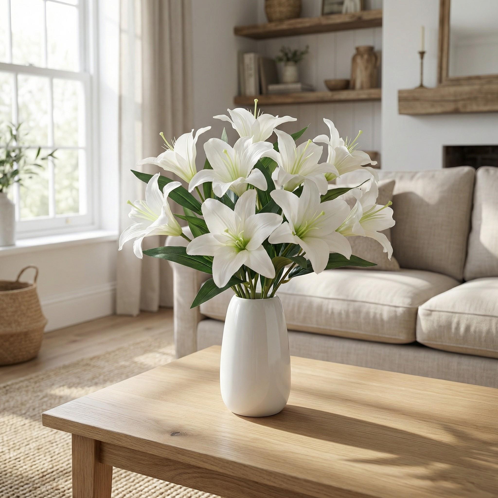 5-Piece Artificial Lily and Star Gazer Bouquet, Plastic Floral Arrangement, Decorative Handheld Flower Bundle, Realistic Fake Flowers