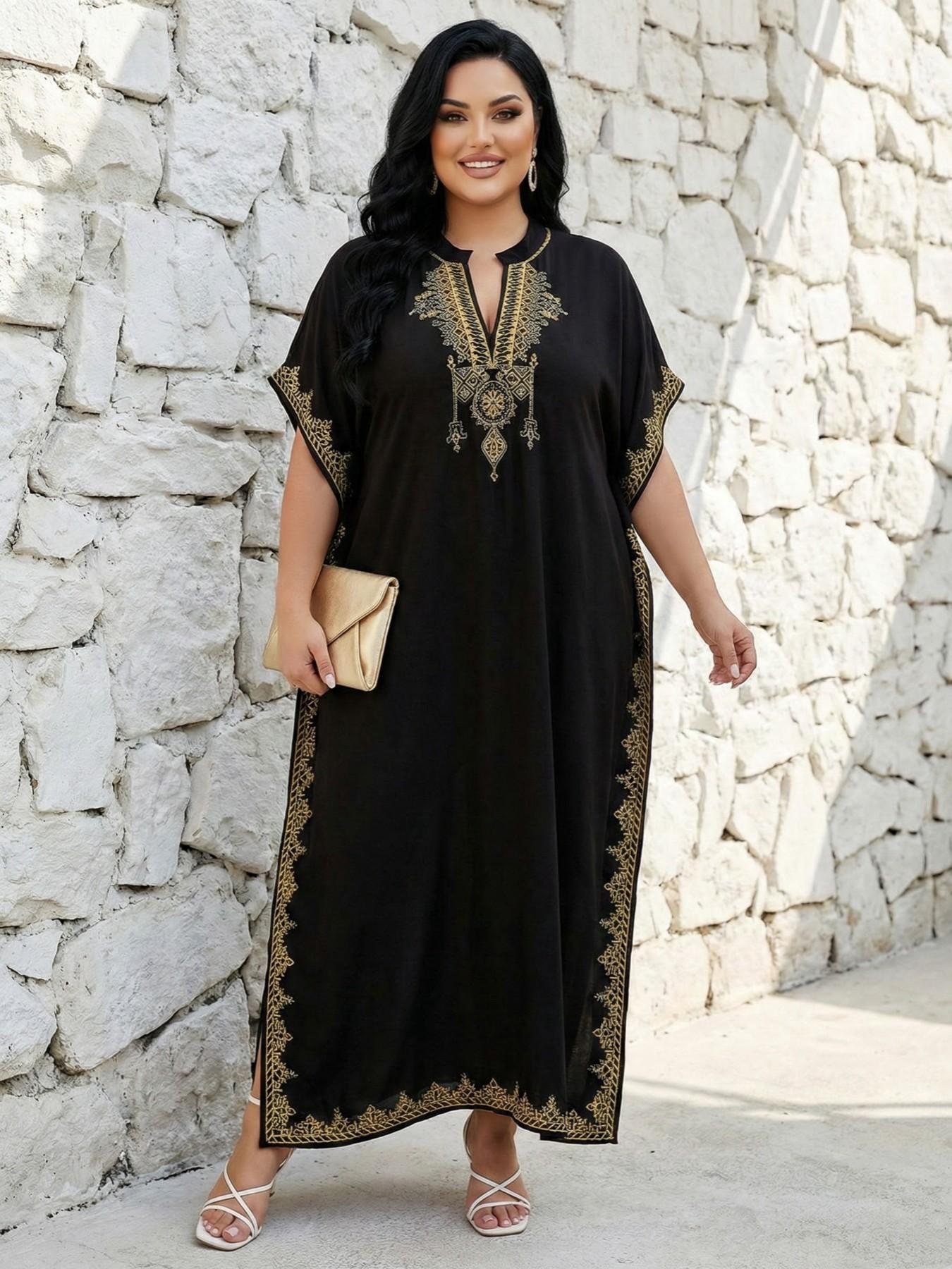 2026Plus Size Ethnic Pattern Embroidered Split Kaftan Dress, Boho Notched Neck Batwing Sleeve Long Dress, Summer Clothing, Women'S Summer Clothes, Modest Clothing Caftan Robe, Muslim Women Gowns, Modesty Muslim Clothing..