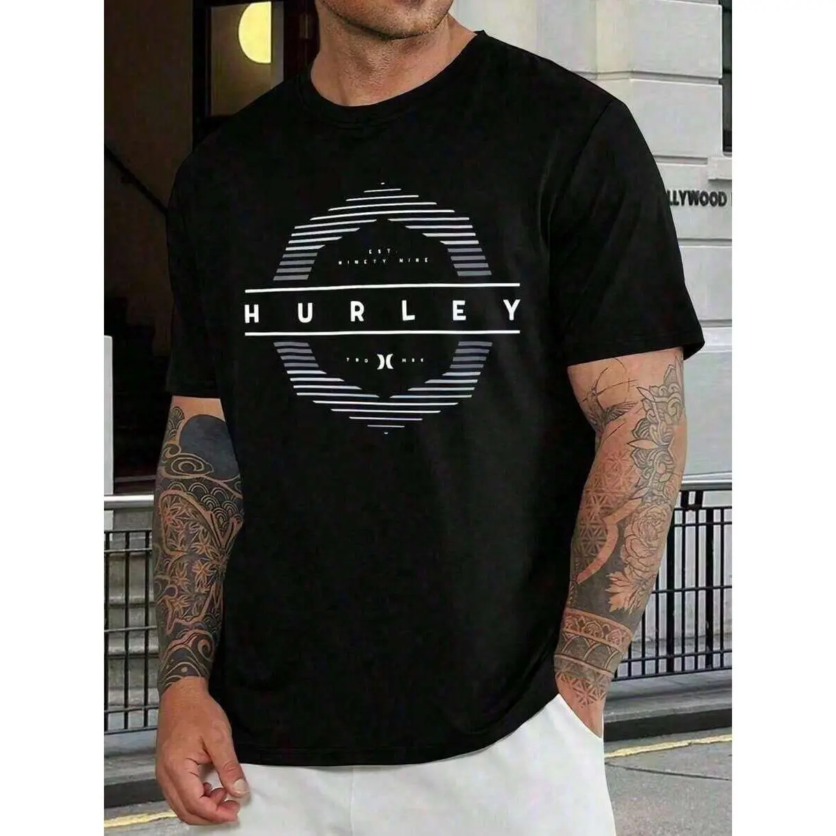Hurley Men's T-Shirt, Short Sleeve,  Black, With Graphic Logo, Casual Surf And Skate Style, Comfortable, Fashion, Summer Top. Loo