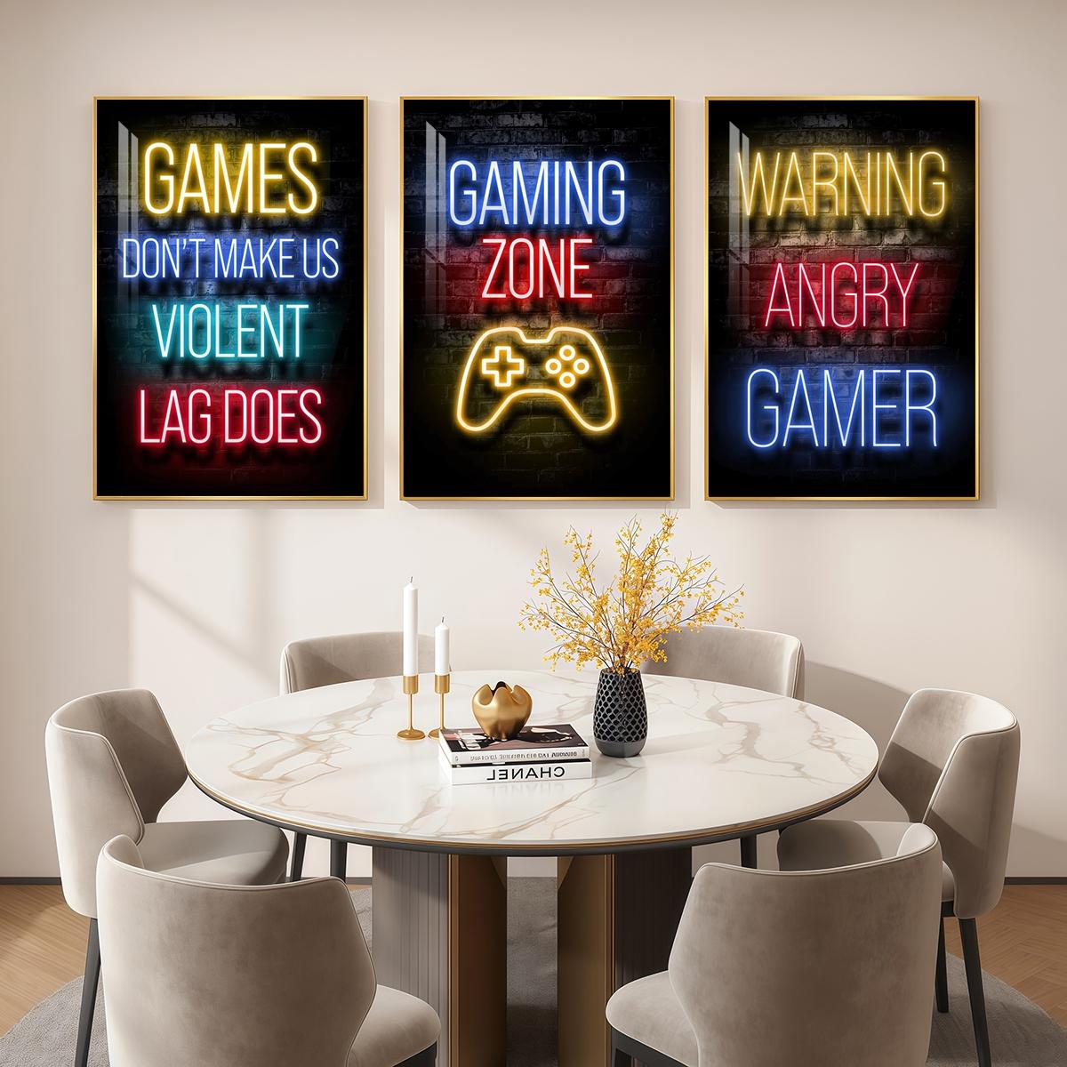 3 Counts Aluminum Alloy Framed Painting, Neon Gaming Zone Poster With Game Controller Wall Art, Home Decoration For Living Room, Bedroom, Office, Restaurant, Hallway Wall Decor, Odorless Print Artwork, Luxury Perfect Gift For Friends And Family