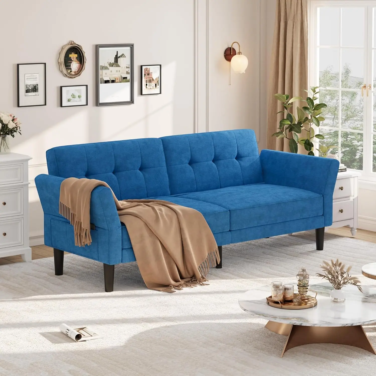 3-Seat Chenille Upholstered Convertible Futon Sofa Bed - Modern Adjustable Backrest Couch with Arms - Versatile Living Room Bedroom Sleeper