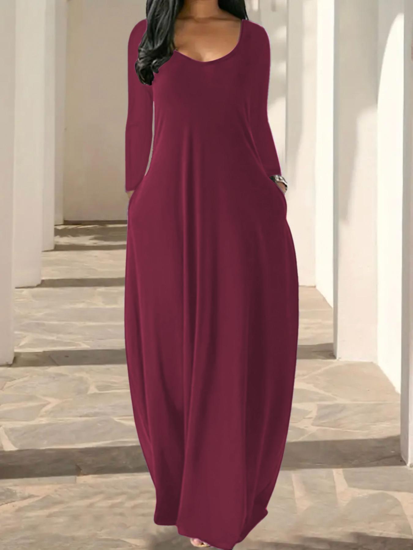 Women's Long Nightgown, Coffee Leopard Print, Round Neck Long Sleeve Pocket Sleepwear, Soft Comfortable Casual All-Season Loungewear