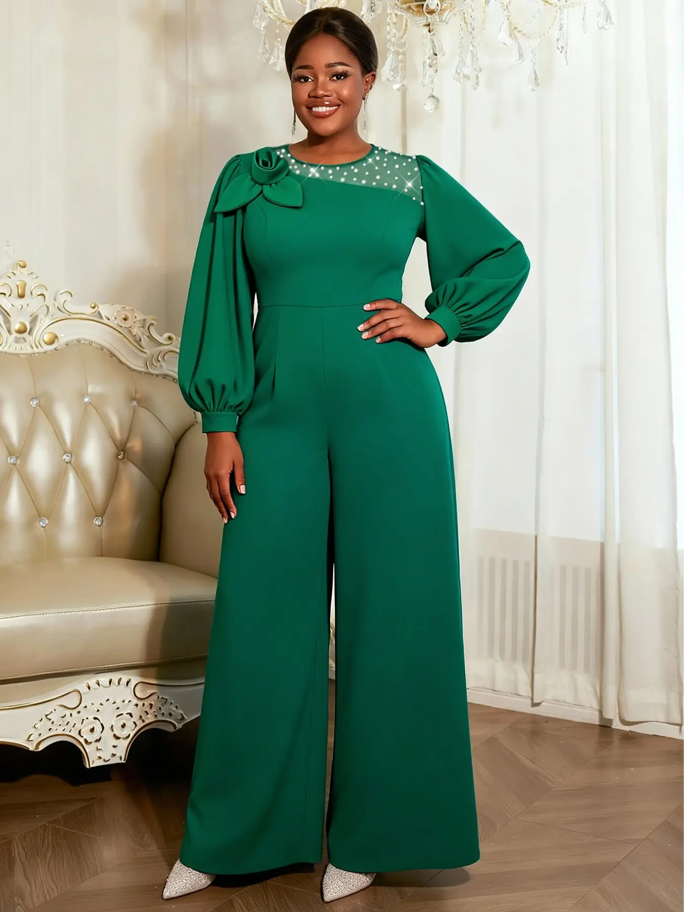 AOMEI Plus Size Women Elegant Wide Leg Jumpsuit Round Neck Lantern Long Sleeve 3D Floral Decoration Wedding Guest Church Party Winter Formal Outfits