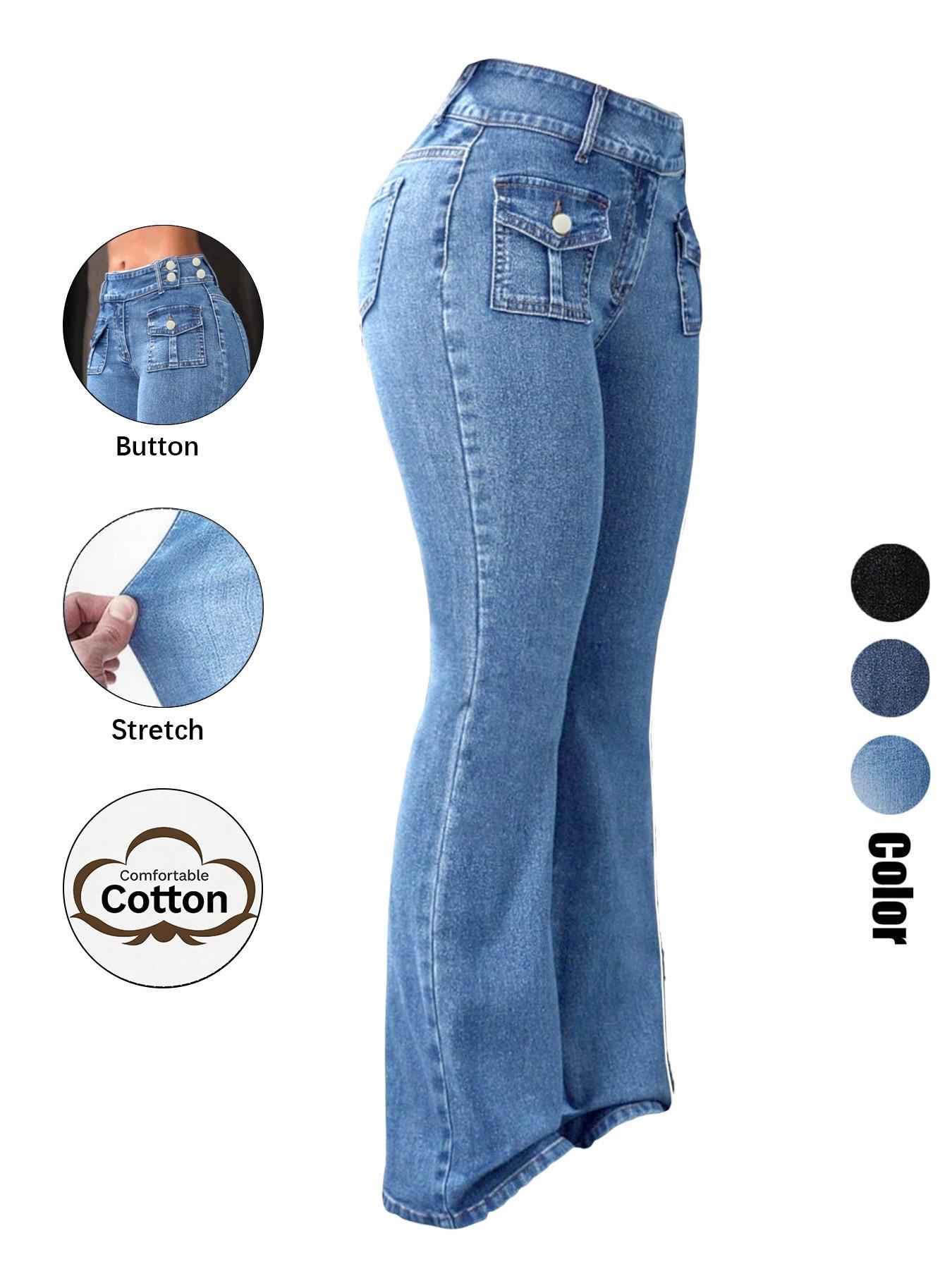 Women's Pocket Stretchy Jeans, Flared High-Waist Casual Comfy Bell Bottom Denim Trousers for Daily Wear, Ladies Bottoms for All Seasons Button