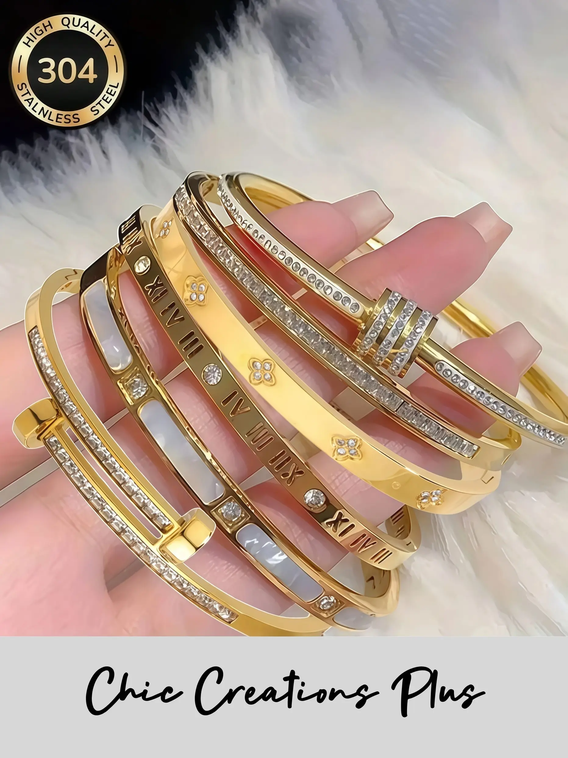 6-Piece French Luxury Bracelet Set, 304 Stainless Steel, Rhinestone Decorated, Trendy Stacking Bangles, Perfect Gift for Holidays