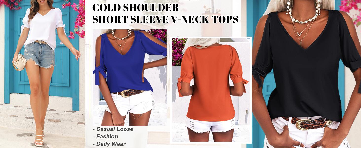 Danedvi Women's Cold Shoulder Tops Short Sleeve V-Neck Casual Loose Cutout Summer Fashion Tshirts Blouse Shirts SpringStatements Danedvi Women's Cold Shoulder Tops Short Sleeve V-Neck Casual Loose Cutout Summer Fashion Tshirts Blouse Shirts SpringStatements