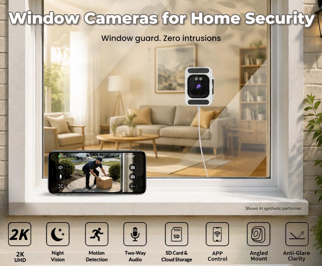 2K HD Indoor Window Cam Security Camera, No-Drill Glass Mount Wireless WiFi Camera with Dual Angle Bracket, 8X Digital Zoom, AI Full Color Night Vision, Human Detection, Two-Way Audio, for 2nd Floor & High Window Monitoring