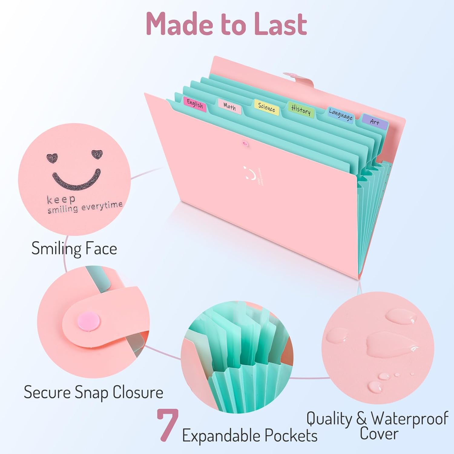 Accordion File Organizer, Letter Size, 7 Pocket Expanding File Folder, Cute File Folder with Labels, Portable File Organizer for School Office Supplies, Folders for Documents, Jade