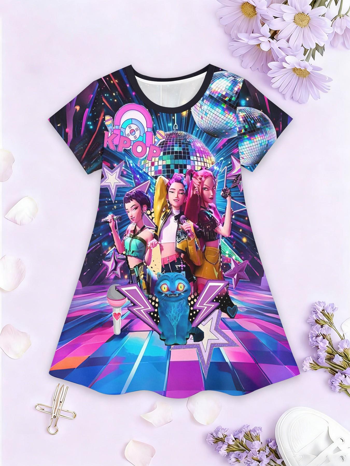 K-Pop Demon Hunters Disco Print A-Line Dress for Girls, Casual Short Sleeve Skirt, Fashion Outdoor Wear, Birthday and Holiday Gift