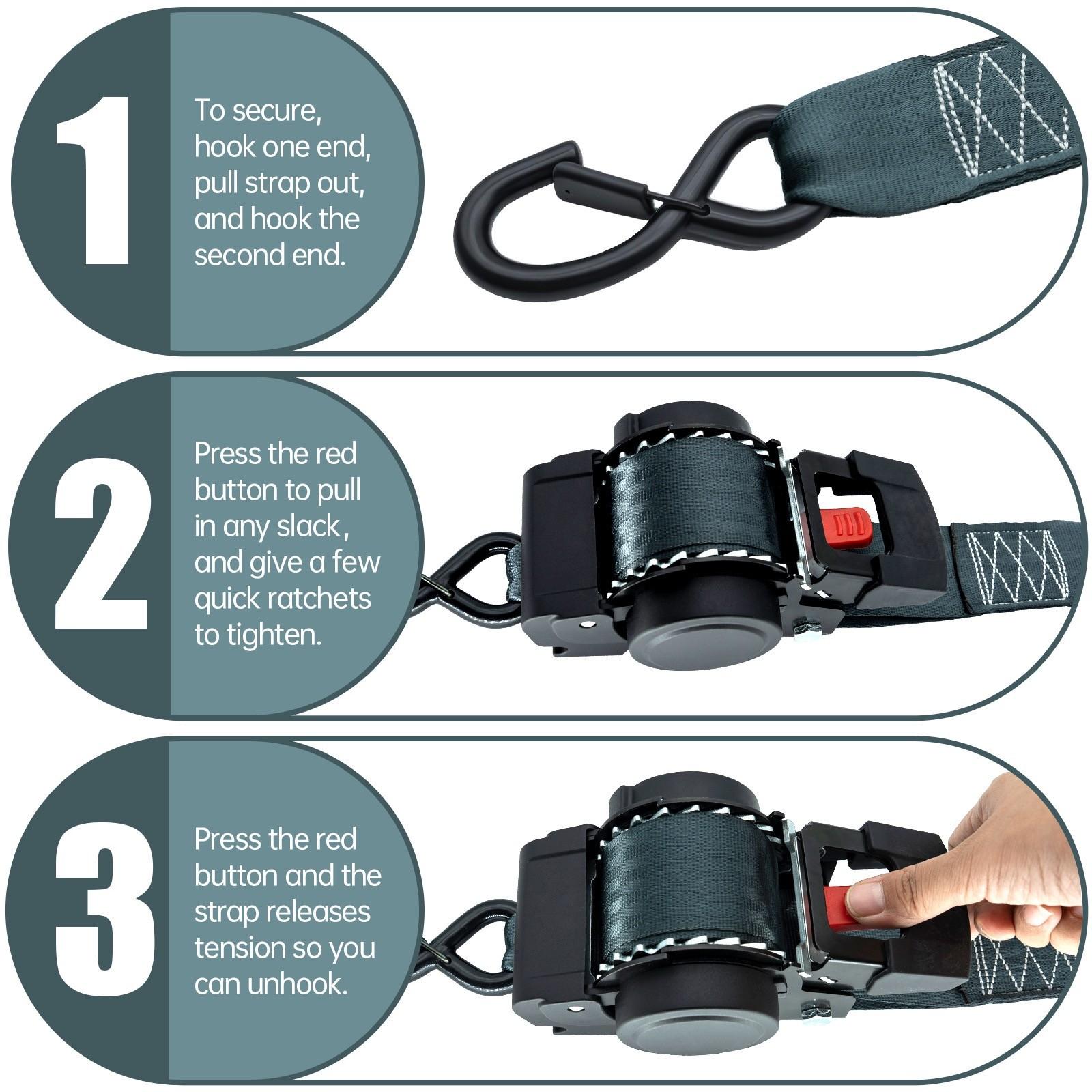 New Automatic Retrieval Tightening Strap, Heavy Duty Durable Polyester Binding for Motorcycles, Pickup Trucks, and Boats, Easy Use for Secure Transport