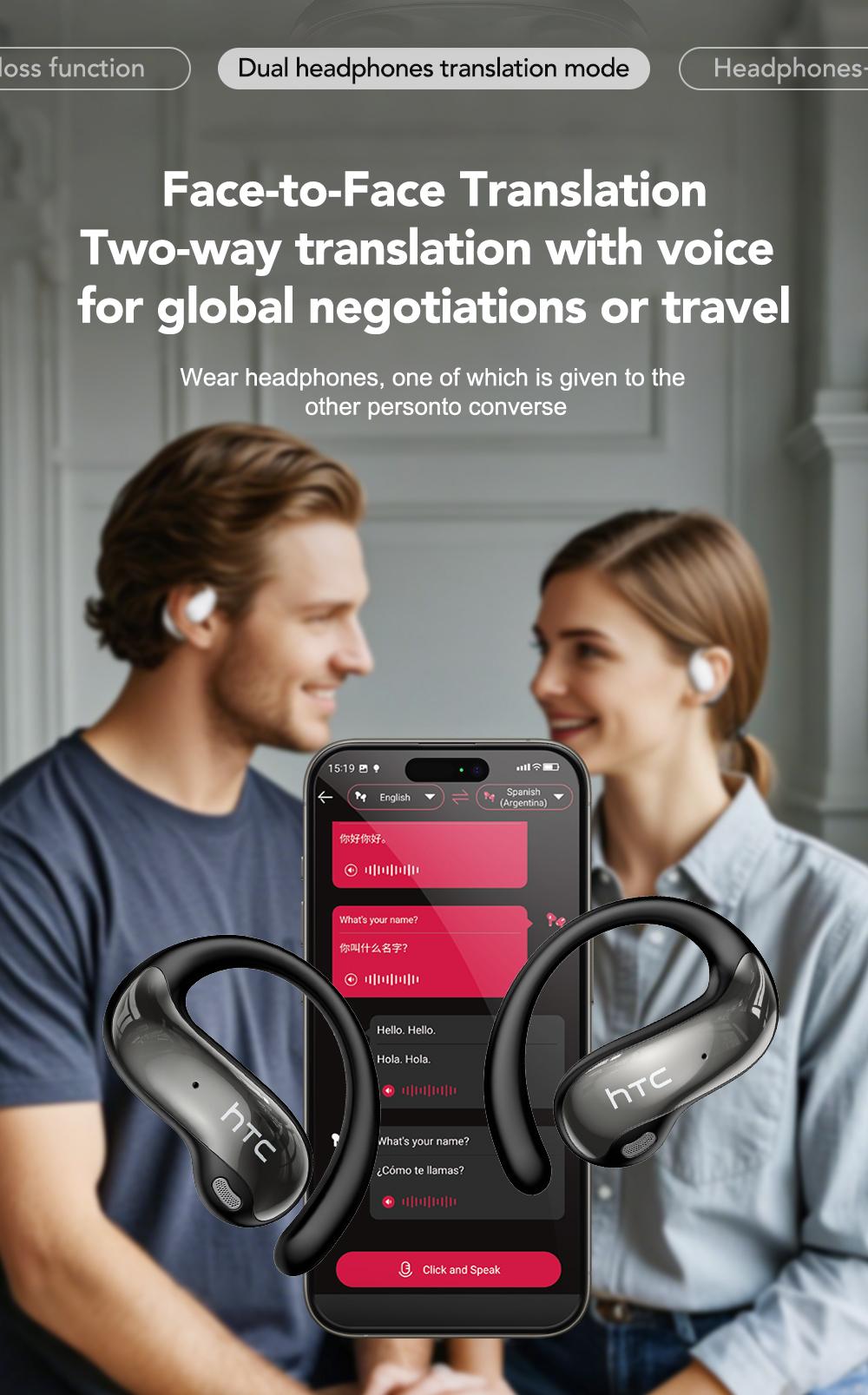HTC NE19 AI Translation Earbuds Open Ear Wireless Headphones 134 Languages Translatable Bluetooth Smart Earphones