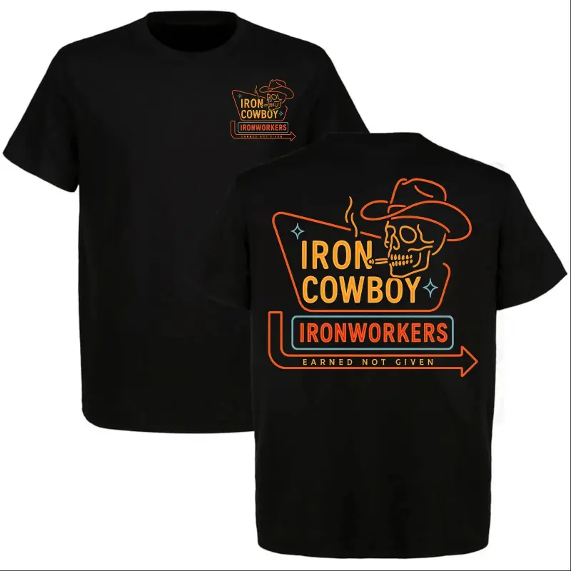 Graphic T-shirt Iron Cowboy Ironworkers T-Shirt Earned Not Given Cowboy Skull Neon Western Vintage Construction Gift Union Ironworkers Work Tee Shirt For Men