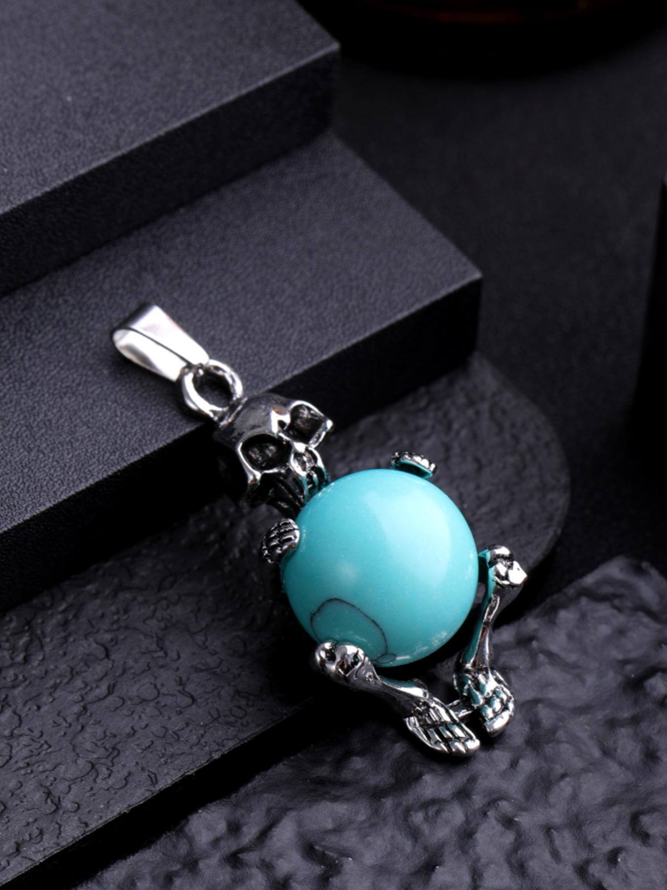 Natural Amethyst Round Bead Pendant Necklace, Bold Skull Design, Unique Fashion Accessory, Trendy European Style Jewelry