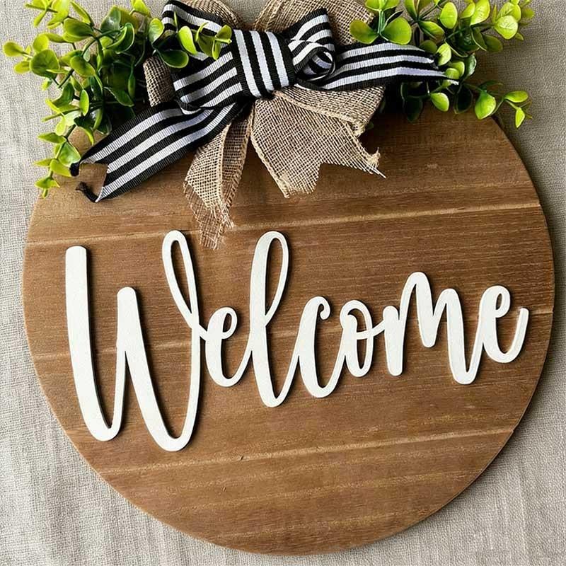 12-Inch 3D Front Door Welcome Sign, Farmhouse Style Porch Decor, Nail Rustic Wreath, Round Wooden Hanging Ornament, Moving Gift