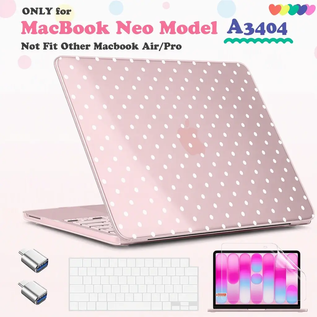 for Macbook Neo 13 Inch Case 2026 A3404 A18 Pro Chip, Plastic Hard Shell, Type C Adapter, 2 Webcam Covers, Keyboard Cover, Screen Protector, Blush Polka Dot, Laptop Accessories