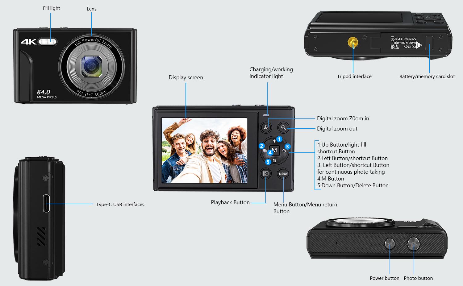 Multi-functional 4K & 64MP Digital Camera, Auto Focus Digital Camera, 16x Digital Zoom Cameras, Compact & Portable Mini Camera with 2.8" IPS Screen, 32G Memory Card and 1200 mAh Battery for Teens & Beginners, Seniors, Perfect Gifts for Halloween Outdoorfu