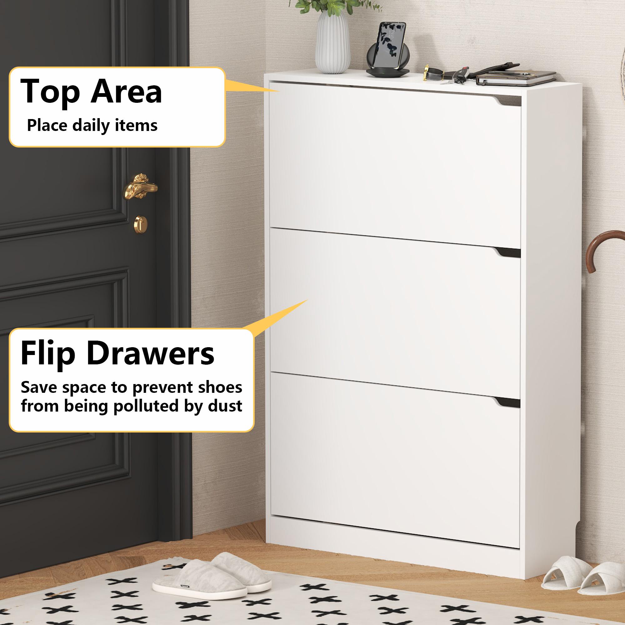 Natural Finish Adjustable Shoe Cabinet with Hidden Storage，Shoe Storage Cabinet with 3 Flip Drawers,Narrow Shoe Rack Cabinet,Freestanding Organizer Storage for small-sized multifunctional furniture