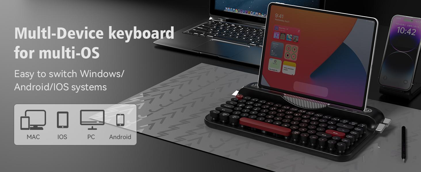 AF84 membrane keyboard wireless dual-mode 2.4G+Bluetooth AJAZZ office keyboard dual color circular keycap retro typewriter keyboard with grooves for placing mobile phones and tablets, high-value girl gift, self provided AAA battery * 2