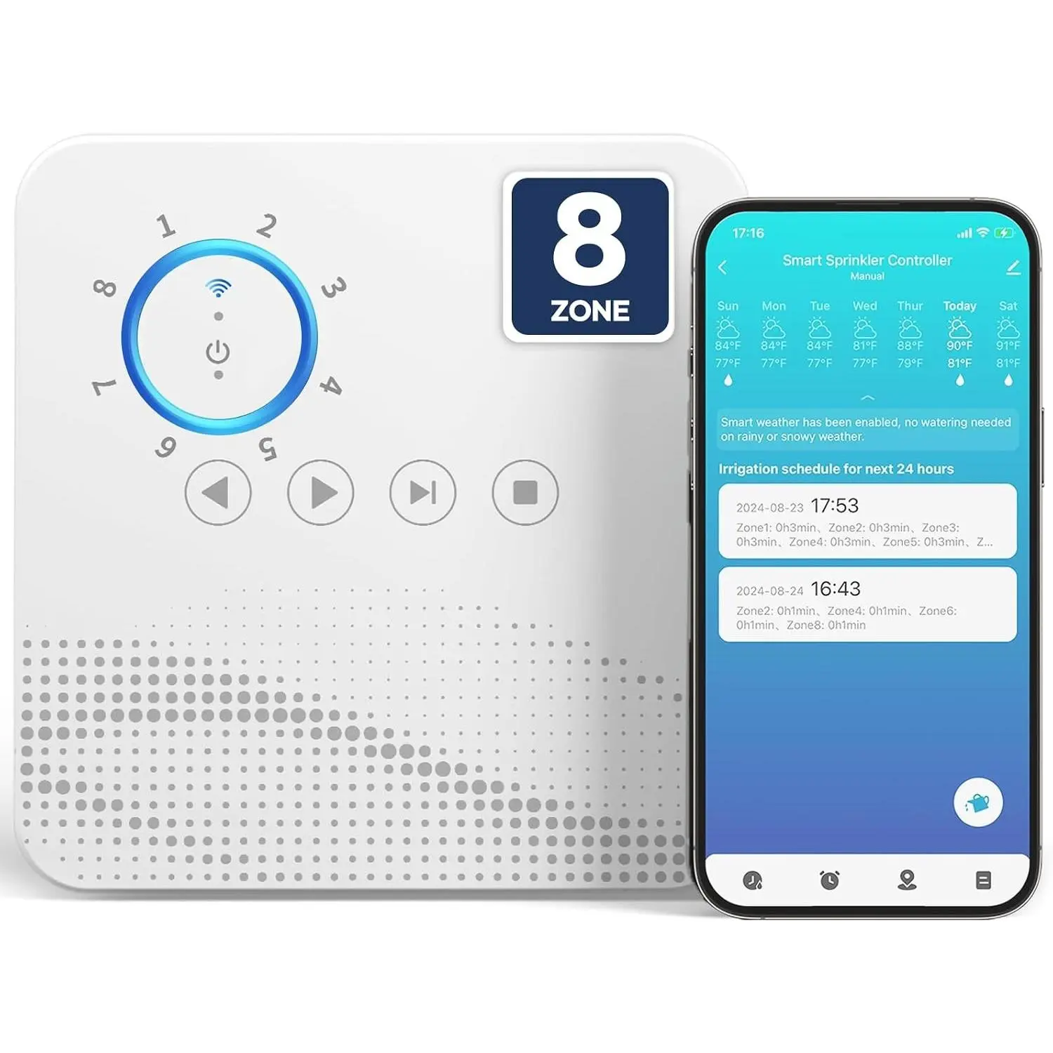 Smart Sprinkler Controller, 8-Zone Indoor WiFi Irrigation Controller, App Enabled, Simple Automated Watering Scheduling, Local Weather Intelligence, Rain, Freeze Skip