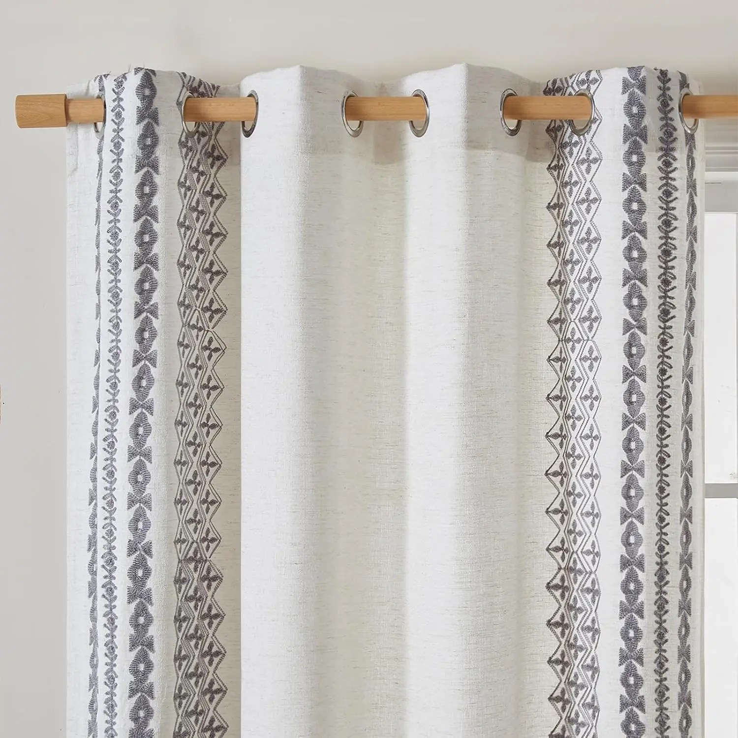 Boho Curtains for Bedroom 63 Inch Length Beige Linen Curtains for Living Room 2 Panels Set   Embroidered Drapes for Bedroom Grommet Window  Grey  Beige 2 Panels