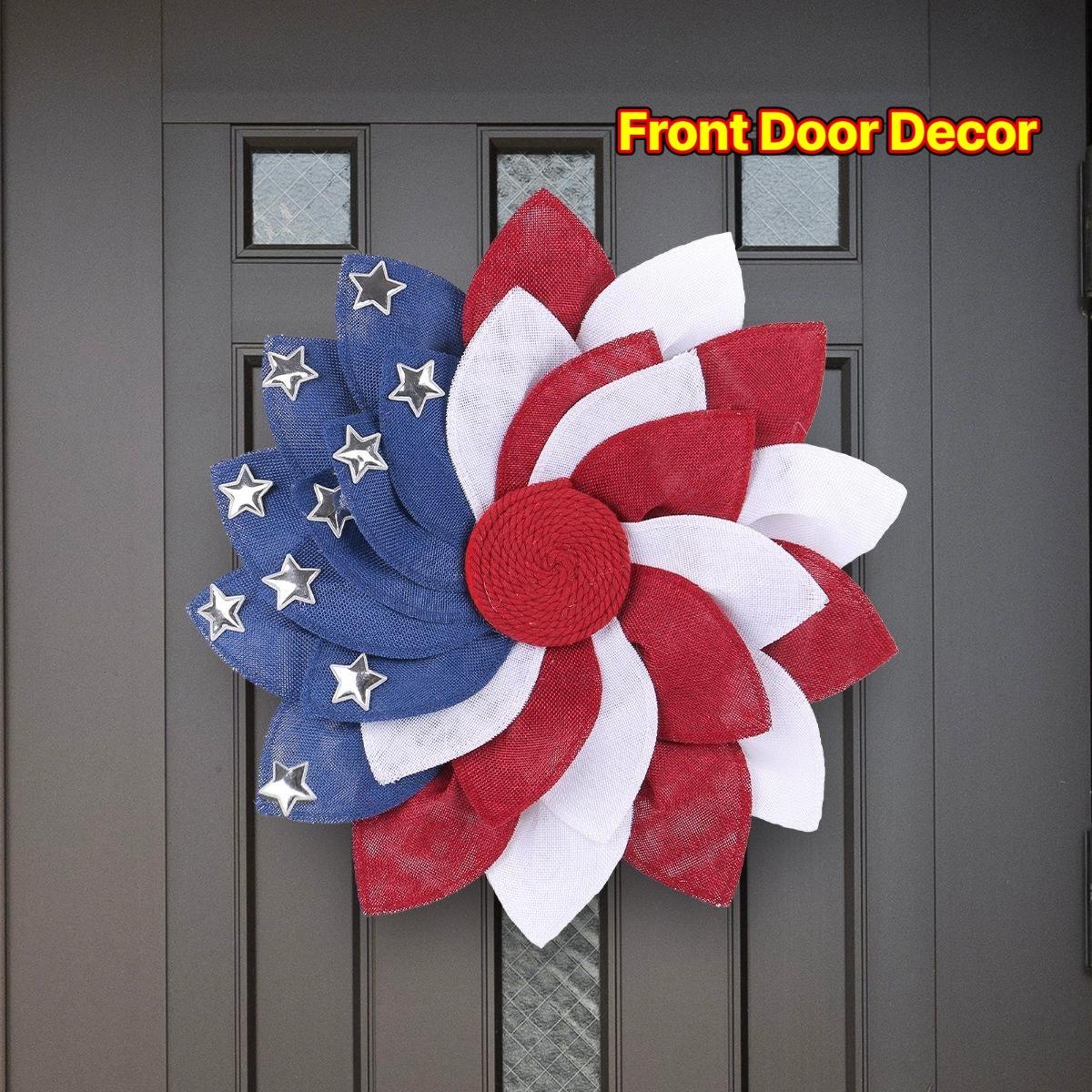 Full 3D Burlap Petal Wreath Door Hanger, Patriotic Red White Blue Independence Day Decorative Wreath for Front Door Porch Wall Window, July 4th Celebration Decor