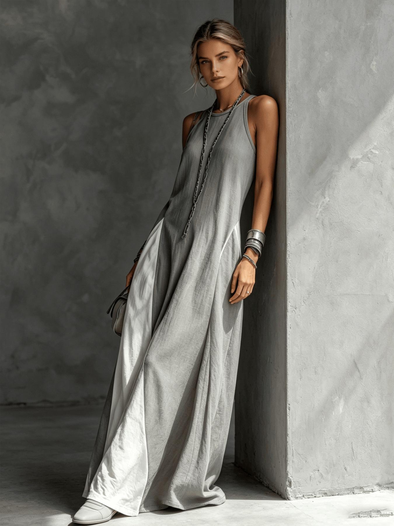 A women's color-blocking dress, Casual Beach Dress, Beach Resort Wear, with sleeveless vest, draping and flesh-concealing long skirt, suitable for summer, beach vacation, exploring shops, attending exhibitions, dating, and enjoying afternoon tea