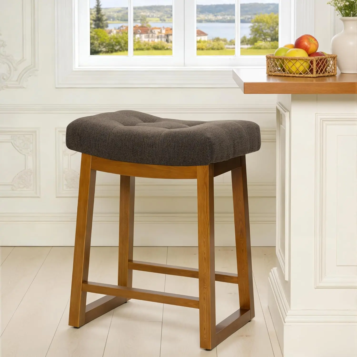 FREKEN Backless Counter Height Saddle Bar Stool Set (1/2/3Pcs) - Walnut Legs, Upholstered Brown Fabric Seat, Modern Wooden Stool for Kitchen Island, Home Bar chairs countertops tools