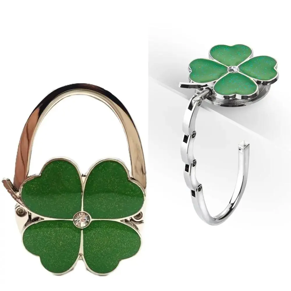 Clover Aesthetic Foldable Purse Hook - Compact Lightweight Desk Handbag Holder, Strong Stable Pursehook for Safe Clean Storage During Leisure Indoor Use