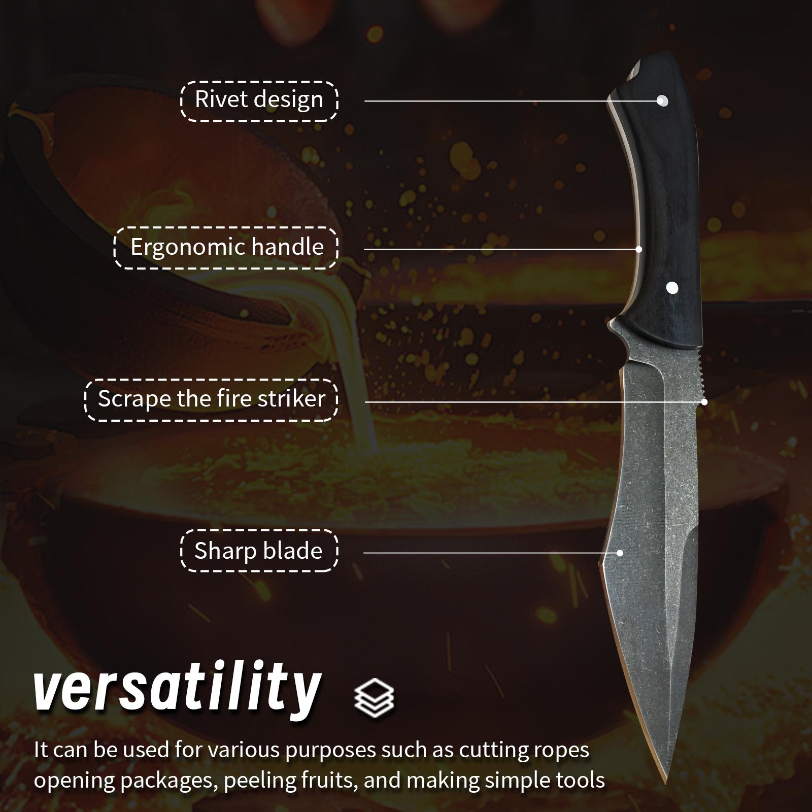 High-carbon steel knife A meat cleaver for professional .fruit cutting， It has a fixed blade and comes with a  sheath. The blade surface is stone-washed, making it sturdy and durable. The handle is comfortable and ergonomically designed, fathersdaygifts