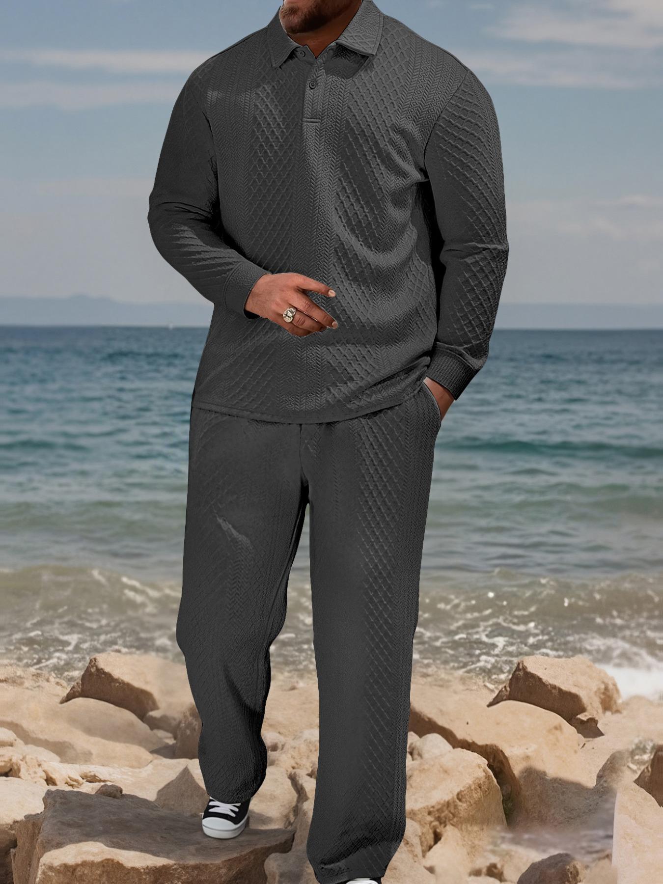 Men's Textured Long Sleeve Polo Shirt & Drawstring Pants Set, Casual Fitted Design, All-Season Wear, Comfortable Fit