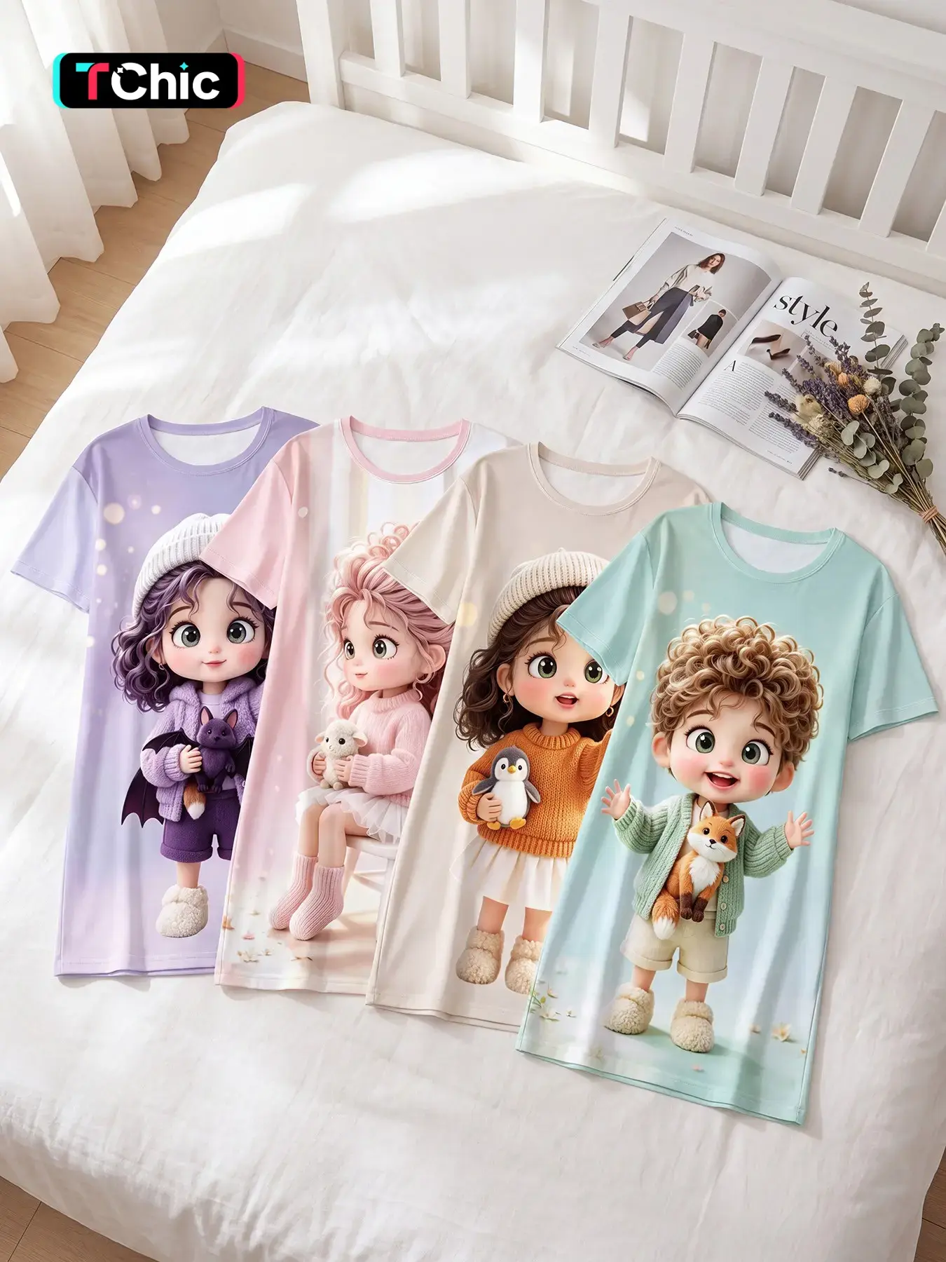 4 Pack Women’s Short Sleeve Crew Neck Sleep Dress, All Season Wear, Soft Color Block Cartoon Set, Distinct Animal Nightgown for Remote Work, Home OOTD and Casual Indoor Stay