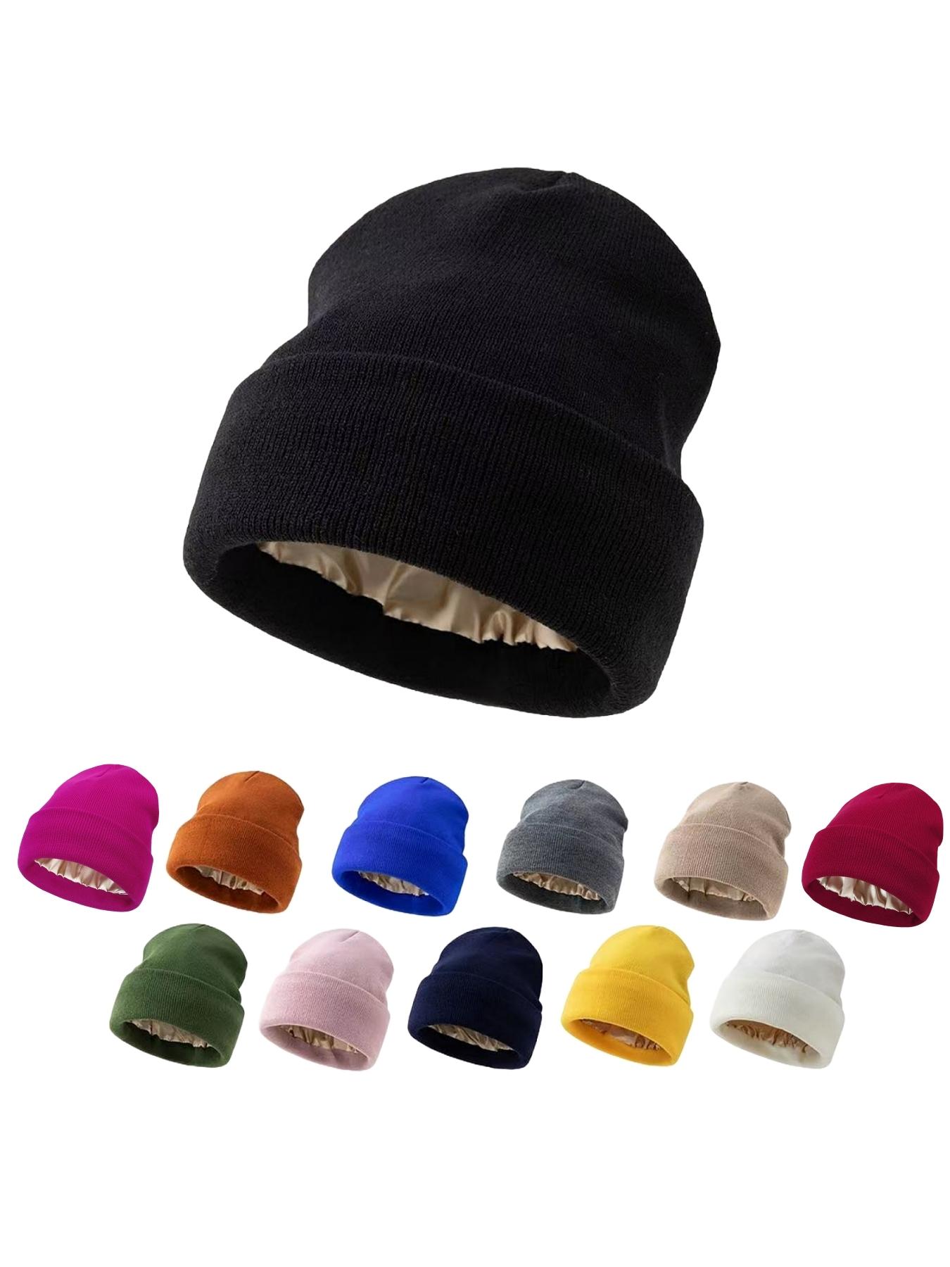 Autumn Winter Satin Knit Hat, Large Head Circumference Warm Beanie, Solid Color Cold Cap, Unisex for Kids over 13 Years, Outdoor Sports, Knitting Beanie