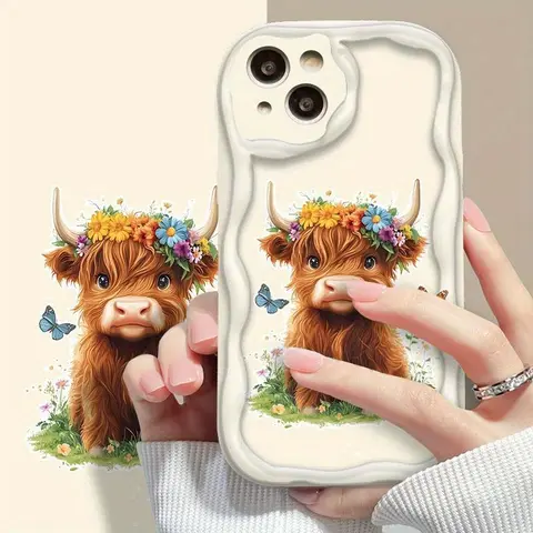 Highland Cow Pattern Straight-Edge Silicone Protector Case for iPhone 18/17/16 E Pro Max/15 Plus/14 Pro/14/13/12/11/Air, Slim Fit, Shockproof, Drop-Protective, Non-Slip, Strapless, Raised Lips, Scratch Resistant, Rugged Durable Mobile Phone Casing