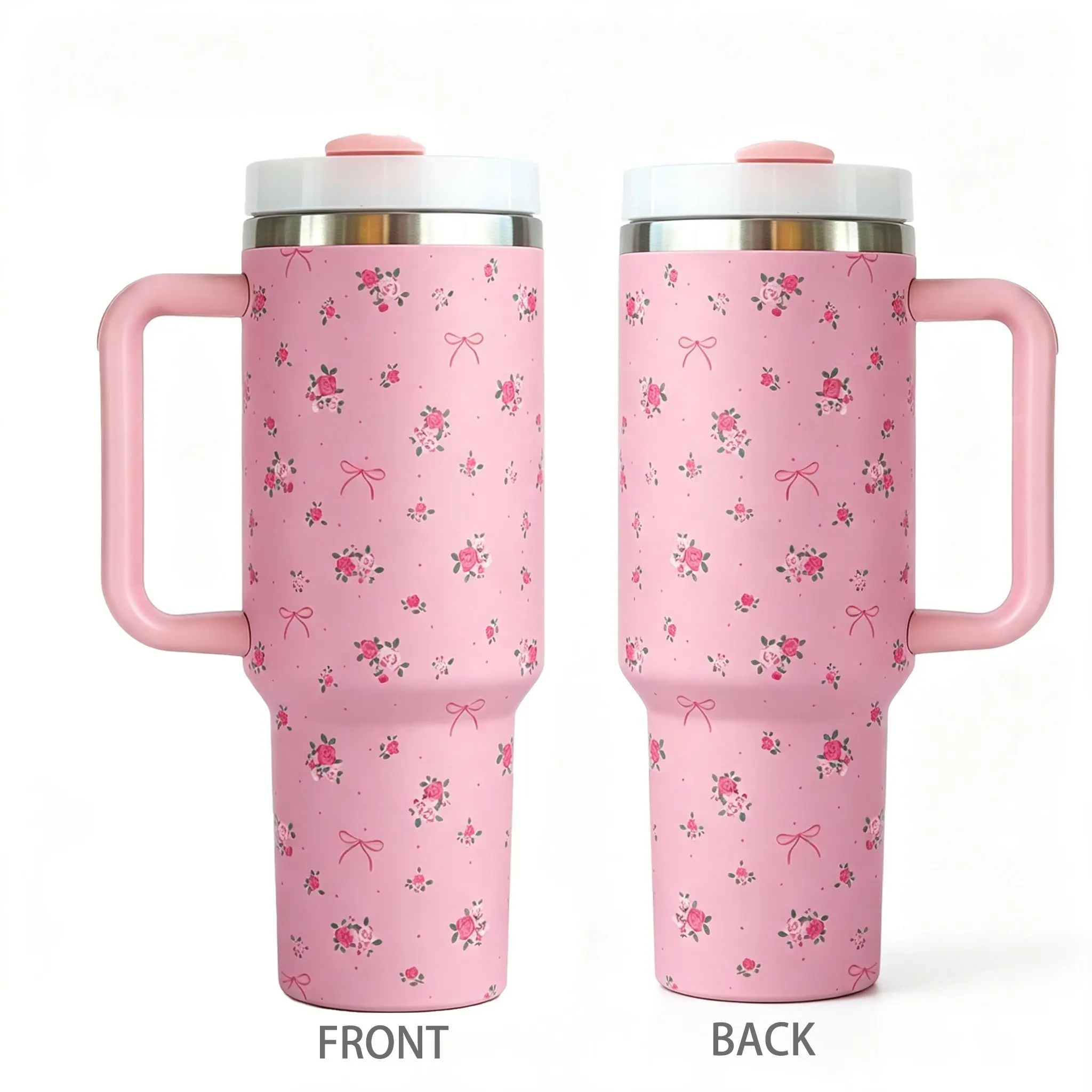 Pink Floral Bow Water Cup, Stainless Steel Vacuum Insulated Cup with Handle, Travel Coffee Mug, Cute and Soft Style Thermos Cup, with Sliding Straw Lid, Fits Various Car Cup Holders, Birthday Gift for Women, Moms, Sisters, Friends, Christmas Gift (40oz)