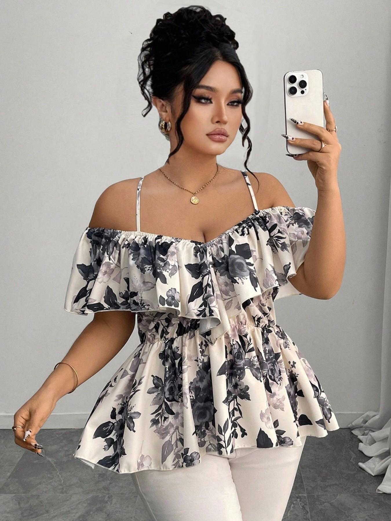 Elegant Chic Casual Bohemian Ruffle Halter Top, A-Line Hem Blouse for Spring & Summer, Plus Size Fashion Shirt for Women, Fit