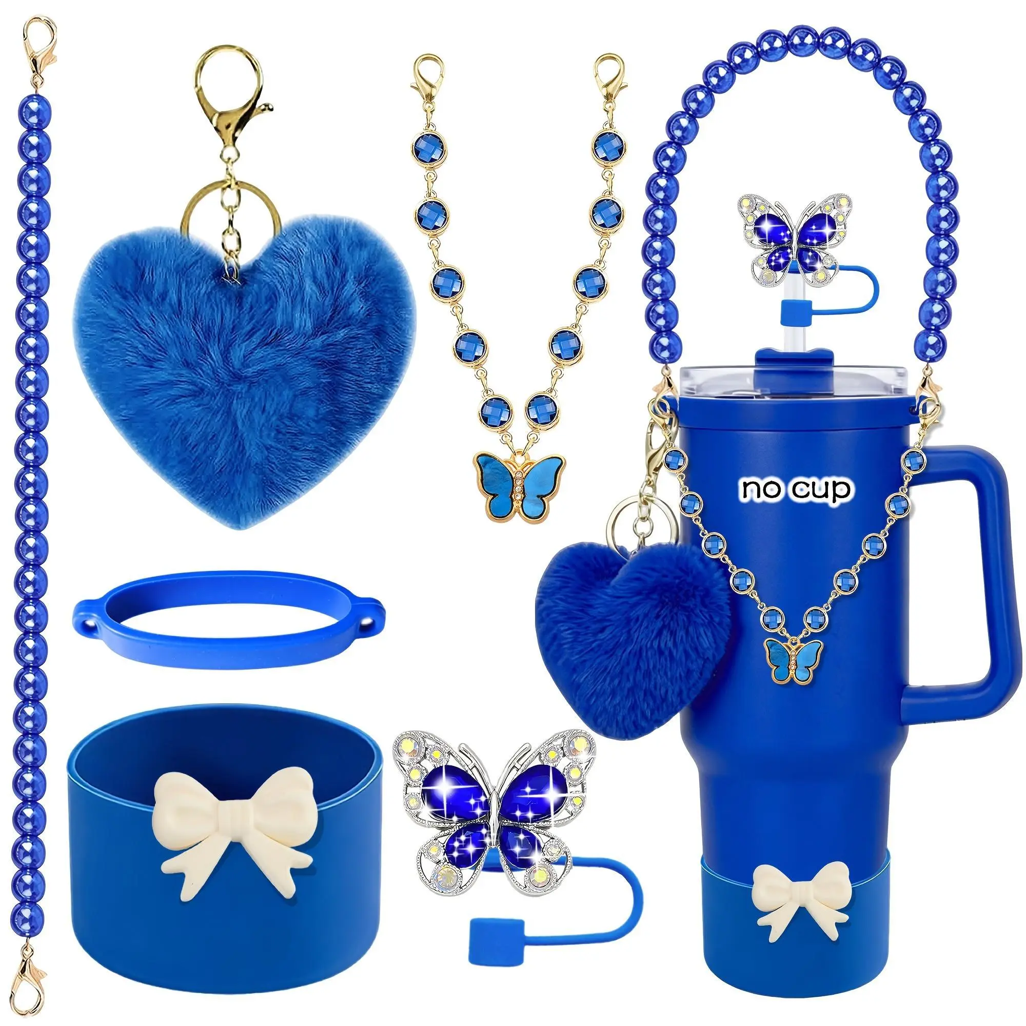 6 Pack Cute Bow Butterfly Straw Cover & Silicone Straw Topper Set, Aesthetic Tumbler Accessories with Non-Slip Cup Strap Charm, Reusable Drinkware Decor for Stanley Cups, Water Bottles, Parties, Gifts for Women & Teens