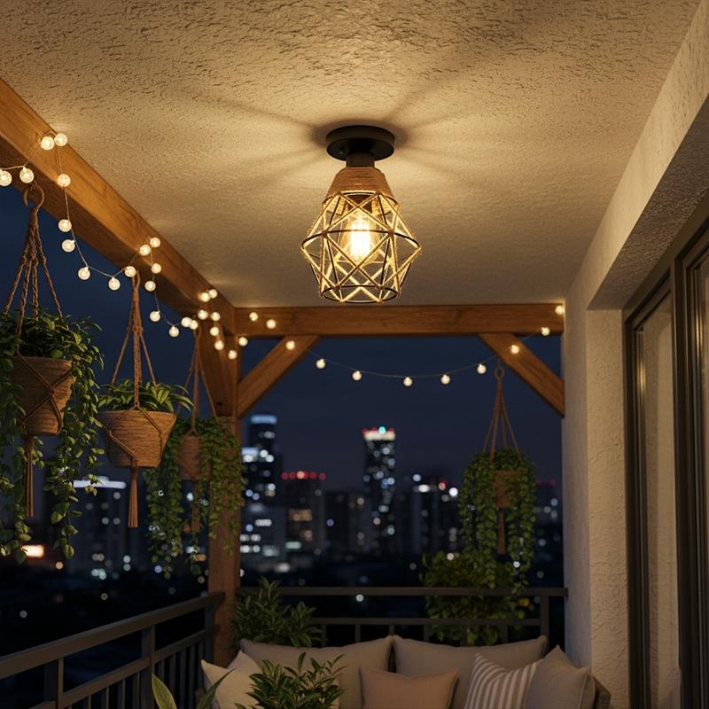 Hemp Rope Ceiling Light, Embedded Ceiling Lamp, E27 Socket, Hardwired, Rustic Metal Fixture, for Entryway, Hallway, Kitchen, Bedroom, Study