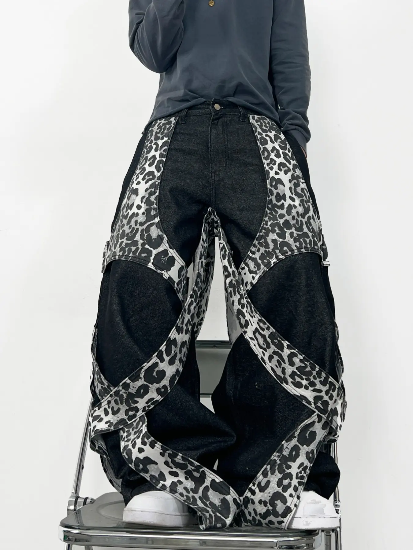 Y2K Gothic Baggy Men's Jeans Black Washed Leopard Print Patchwork Criss Cross Denim Pants Mid Rise Loose Wide Leg Jeans (Belt & Accessories Not Included)