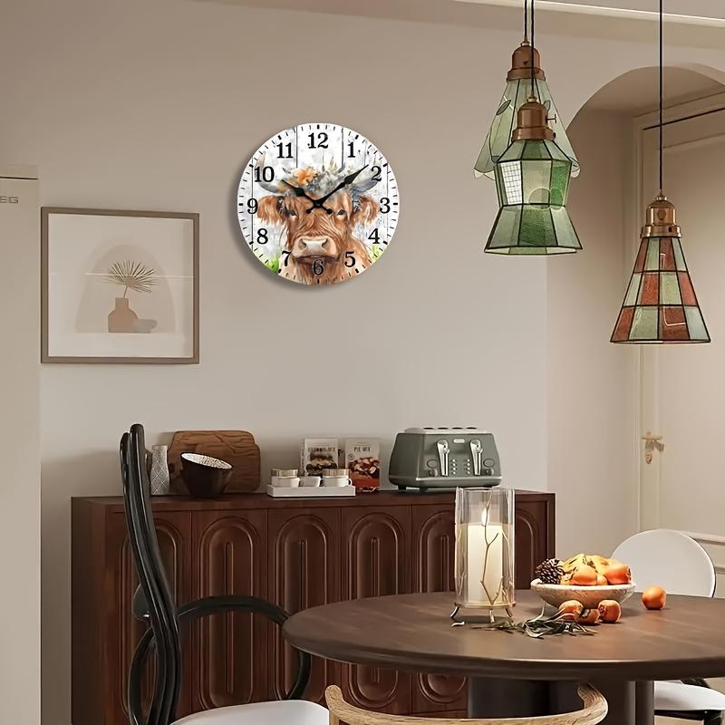 Vintage Flowers Scottish Highland Cow Wall Clock with Floral Pattern - Silent Non-Ticking Wooden Digital Clock, Creative Decorative Clock, for home decor, Rustic Home Gift (AA Batteries Not Included), Large Digital Display