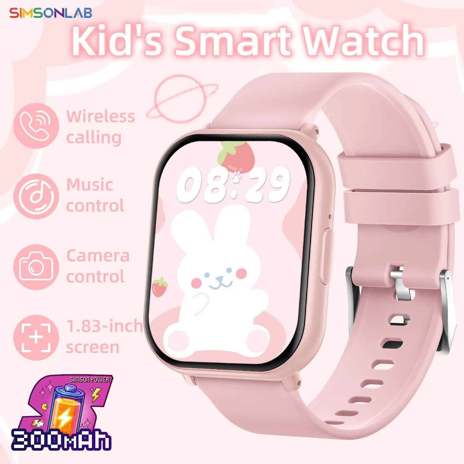 SIMSONLAB 1.83-inch children's smartwatch, wireless calling, message notifications, custom dial, pedometer, alarm reminder, sedentary reminder, low power consumption, long battery life, suitable for children's birthday gifts
