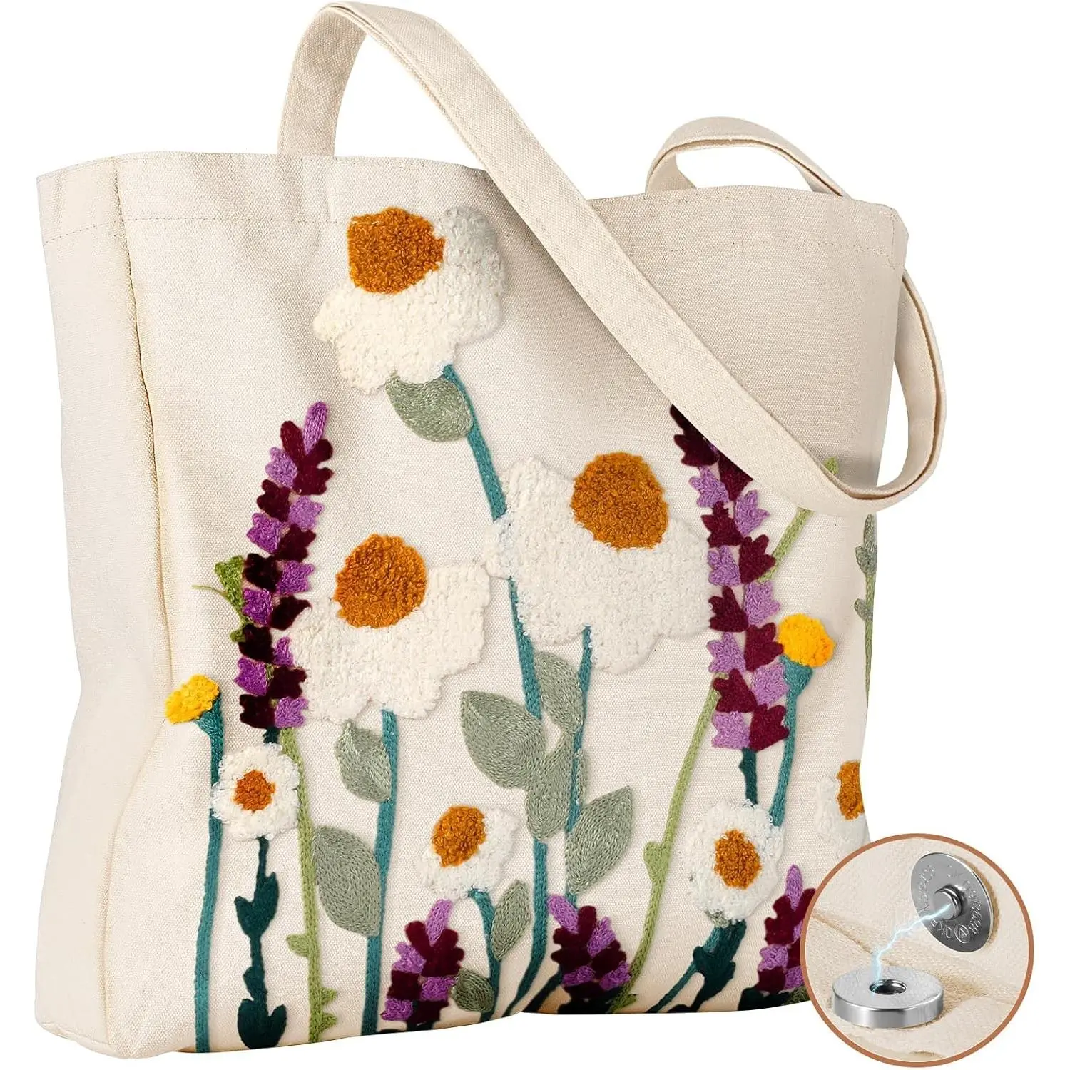 Aesthetic Embroidery Tote Bag for Women - Reusable Canvas Cute Shoulder Bag for Shopping, Grocery, Work, Book