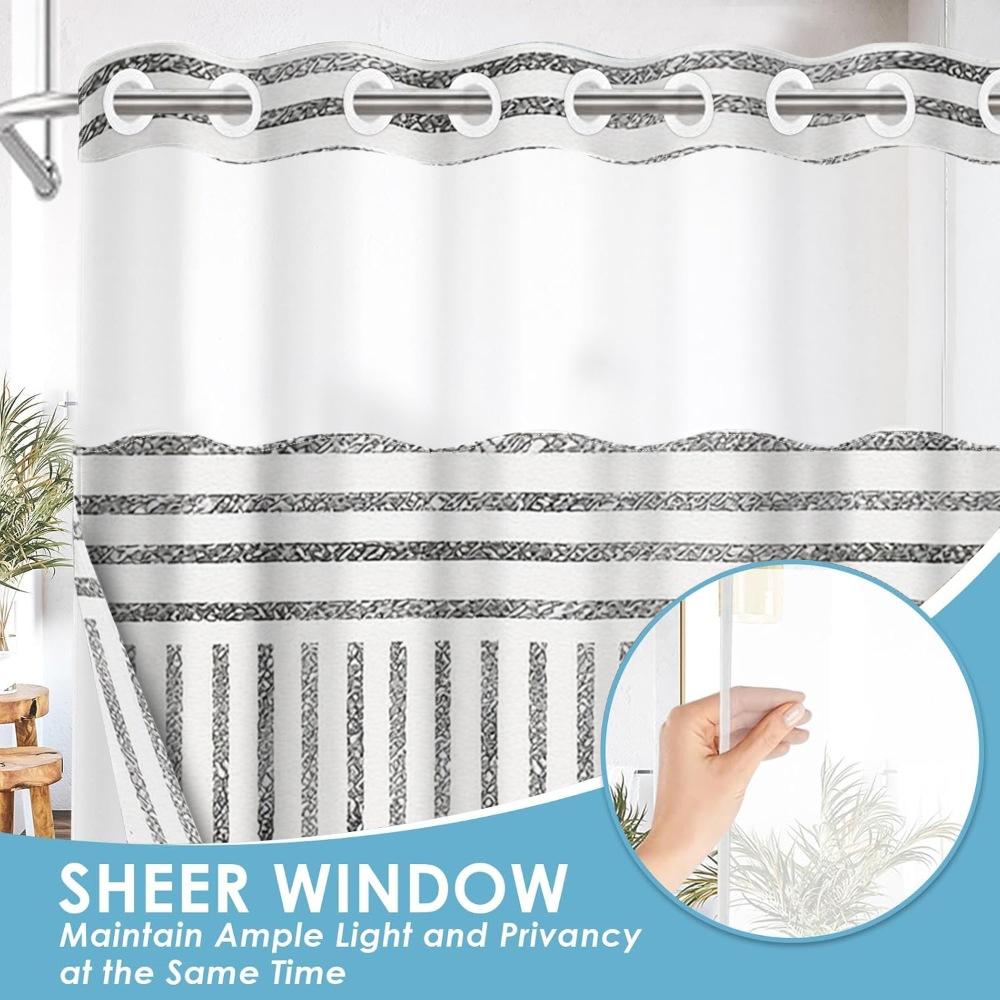 1pc hookless removable shower curtain with buckle lining, black and white striped geometric patchwork design, 2D flat printing, fabric waterproof lining, see-through double-layer shower curtain, 71 x 74 inches, modern home draping curtain