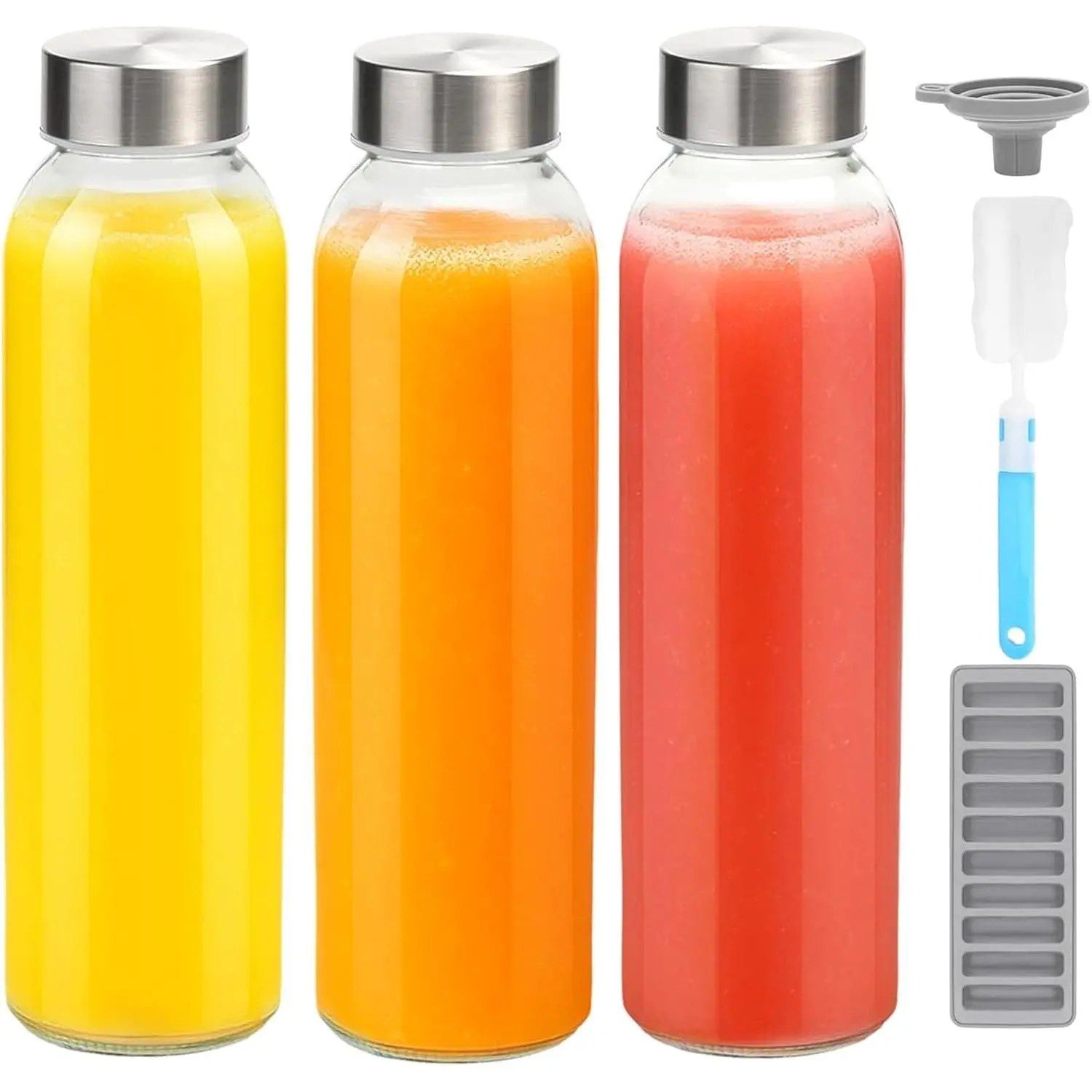 18 oz Glass Water Bottles with Stainless Steel ,  Leak Proof | Set of 3,   Clear Juice Containers for Juicing, Smoothie, Drinking Beverage Jar for Fridge, Dishwasher Safe