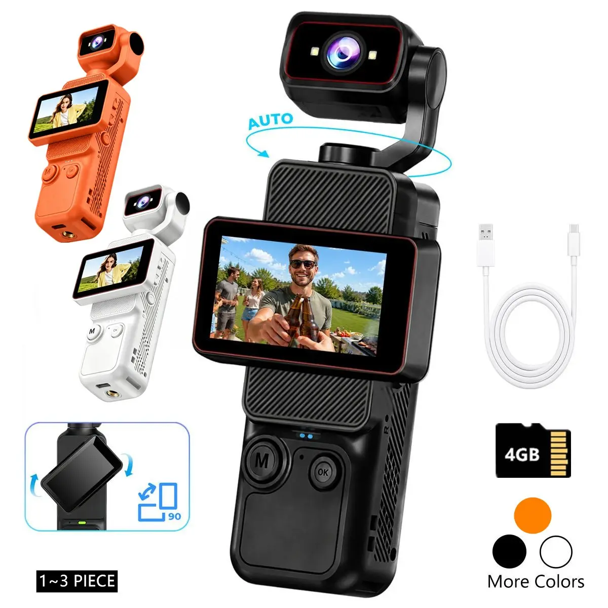 Pocket WiFi Camera,Portable Compact Camera with 180° Auto Rotating HD Lens & Manually flip the 1.85-inch screen, Vlogging Camera, Loop Recording, Handheld Camera, Beginners and Social Content, Black/White,Summer Gifts