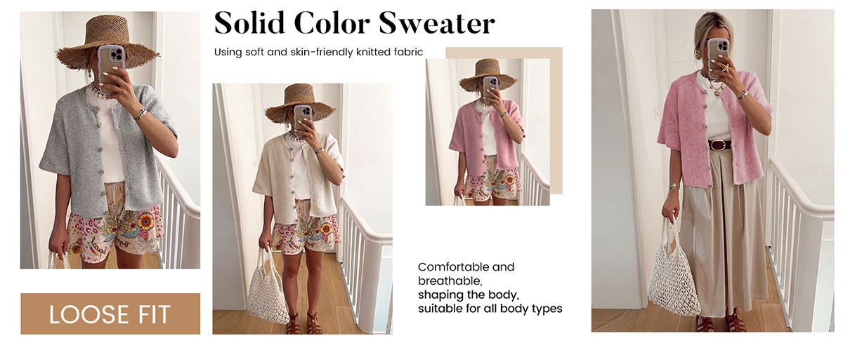 UANEO Women's Lightweight Knit Cardigan Short Sleeve Button-Down Crewneck Knitting Soft Tops Cardigan Sweater Casual Spring Womenswear