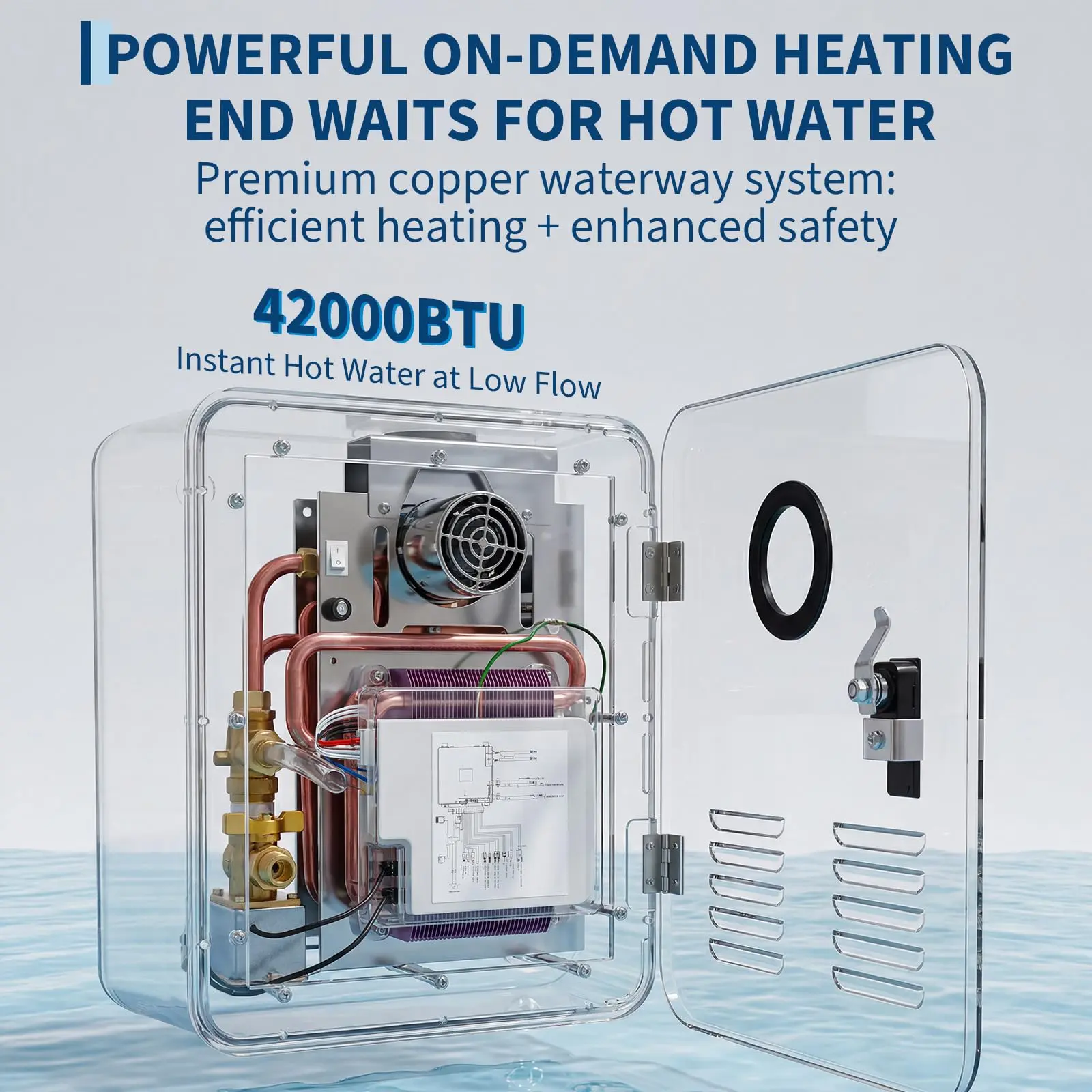 RV Tankless Water Heater, Propane On-Demand Instant Hot Water System, Iron & Copper Construction with Premium Copper Heating Element, 42,000/65,000 BTU High Efficiency Water Heater for Camper, Travel Trailer, Motorhome & Outdoor Use