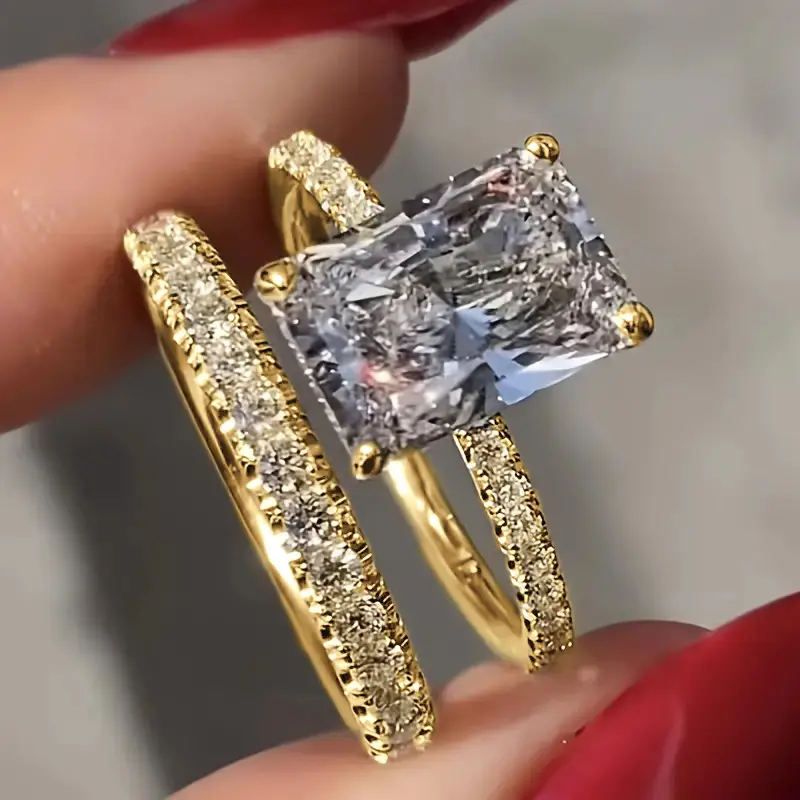2Pcs Chic Square Cubic Zirconia Rings for Women Non Tarnish Bridal Rings Set | 14K Gold Plated Dainty Rectangle Cut CZ Wedding Bnand Ring Set Stackable Travel Eternity Promise Rings for Her Size 7-12