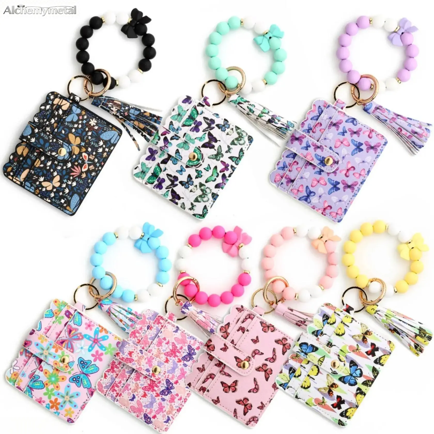 Women's Cute Silicone Beaded Strap PU Leather Wristlet Keychain Wallet - Casual Fashionable Card Holder with Pink Flower Print, ID Credit Card Organizer