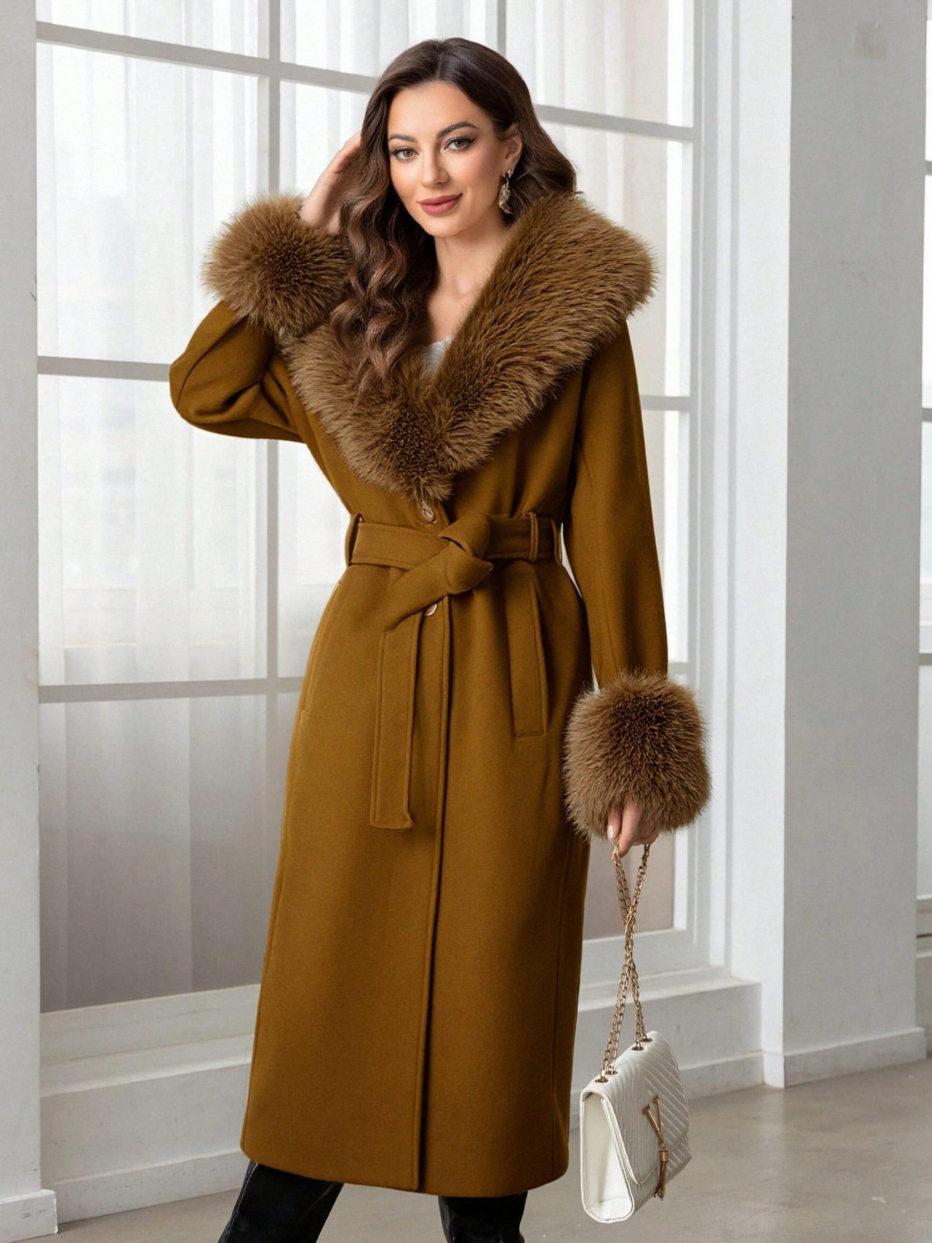 Women's Fall Winter Mid-Length Solid Color Coat, Warm Fitted Coat with Fur Collar, Waist Belt & Pockets, Casual Style, Jackets, Outerwear, Womenswear