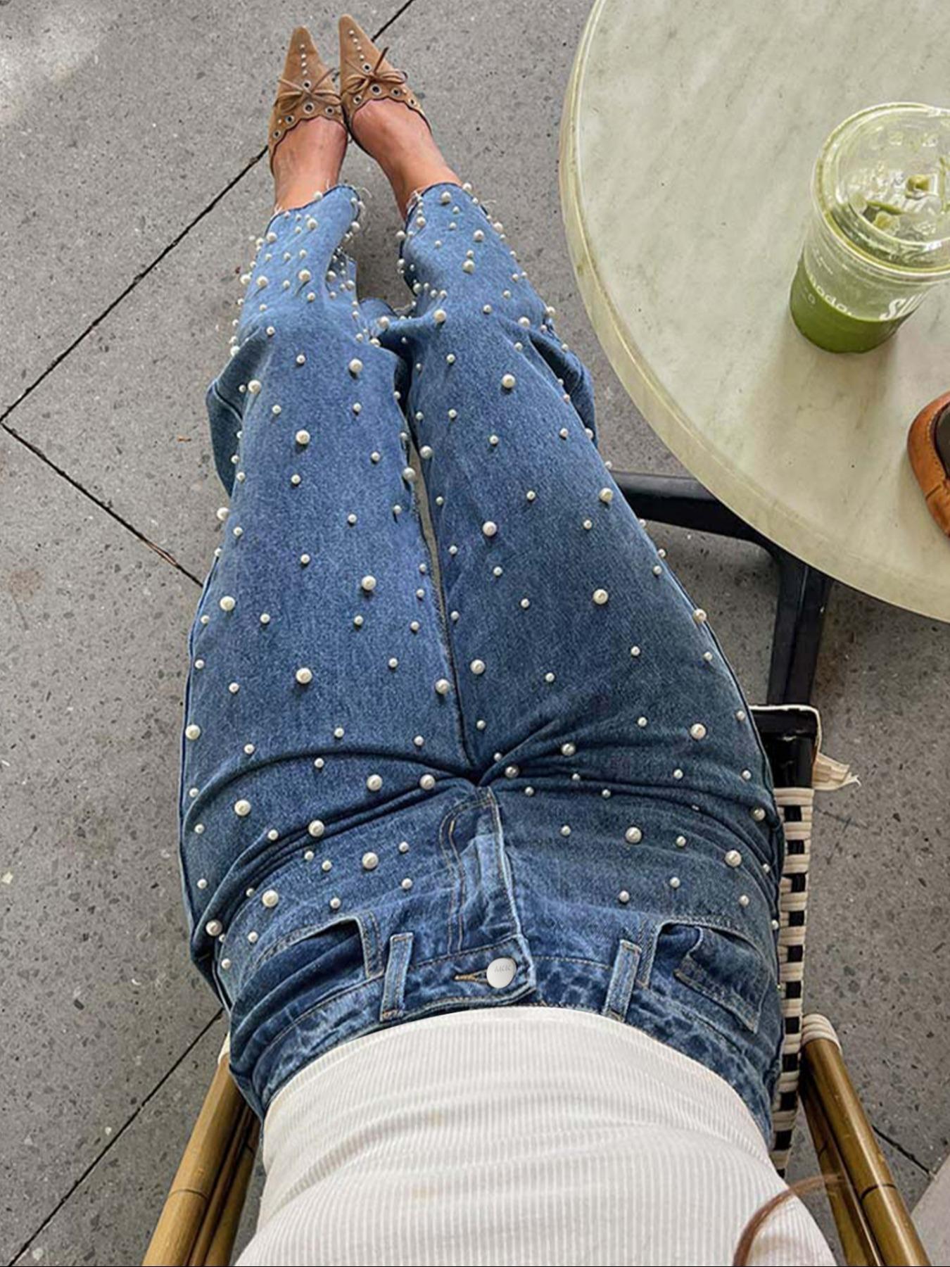 Women's Loose-Fit Denim Jeans Pants, Casual Style, All-Season Wear, Pearl Wash Design, Perfect for Daily & Dates, Everyday